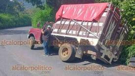 Coscomatepec, Ver., 2 de octubre de 2024.- Por falla mecnica, camioneta de tres toneladas se fue en reversa y estuvo a punto de volcar cuando circulaba por la carretera Fortn-Huatusco, a la altura de Paso Limn. La cuneta detuvo su carrera.
